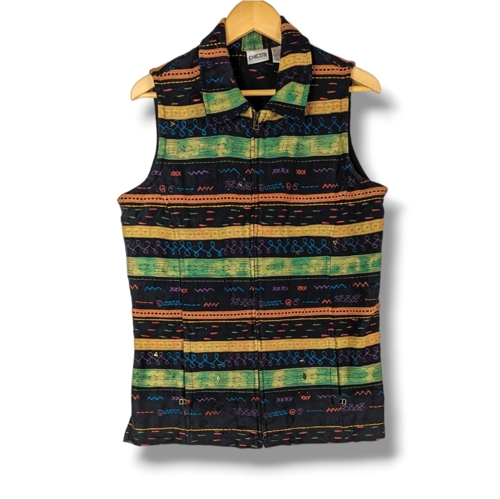 Chico's Embroidered‎ Vest 2 Large Womens Black Green Tan Zip Front